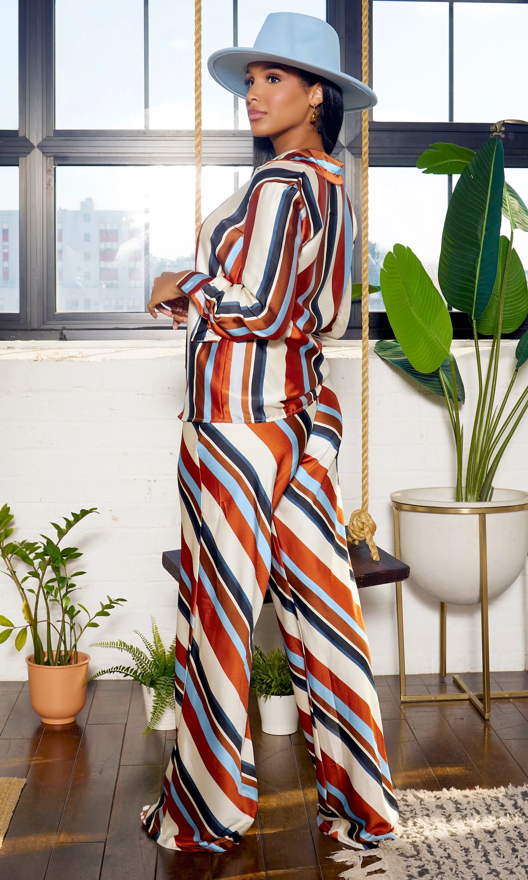 Stripe Satin Pants Set -  Rust
