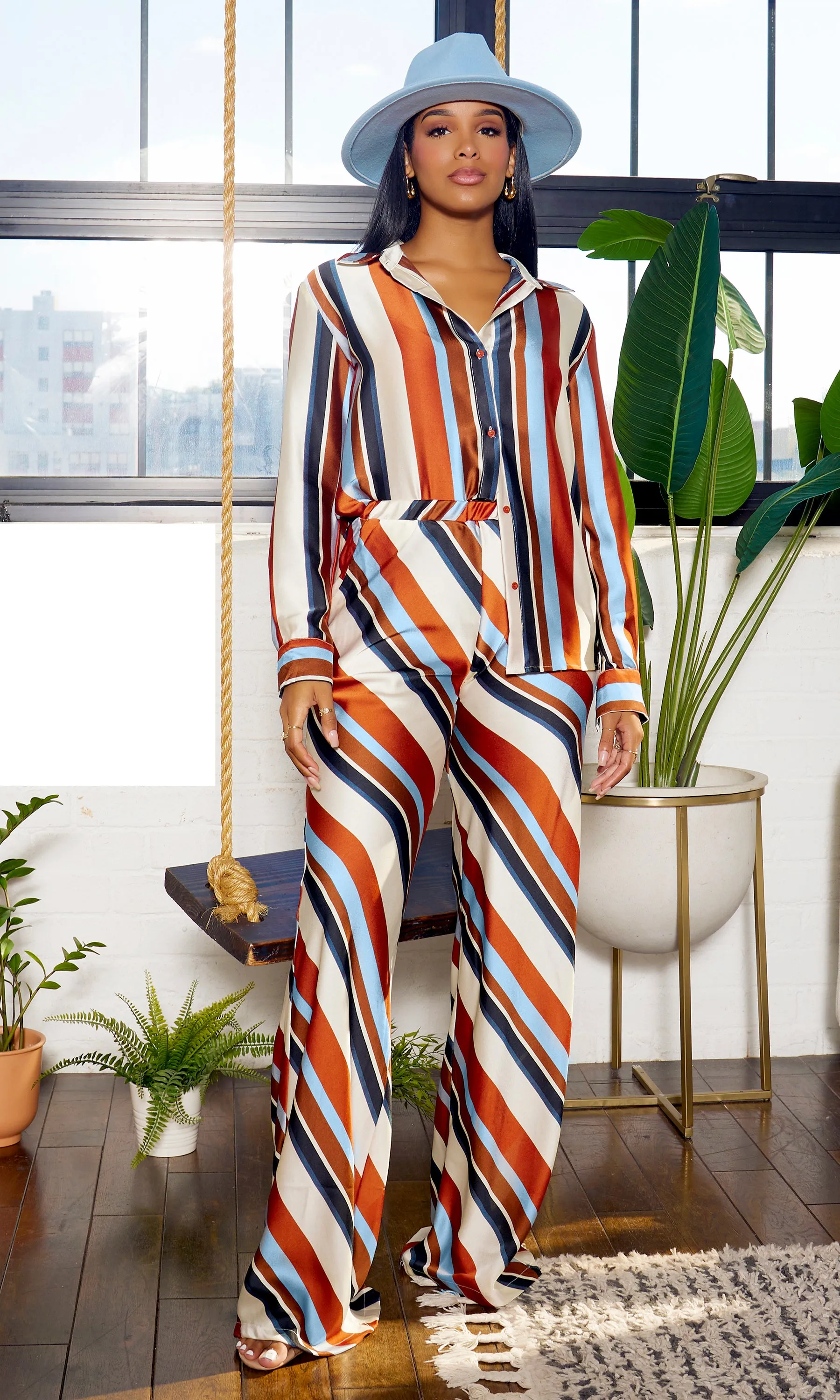 Stripe Satin Pants Set -  Rust