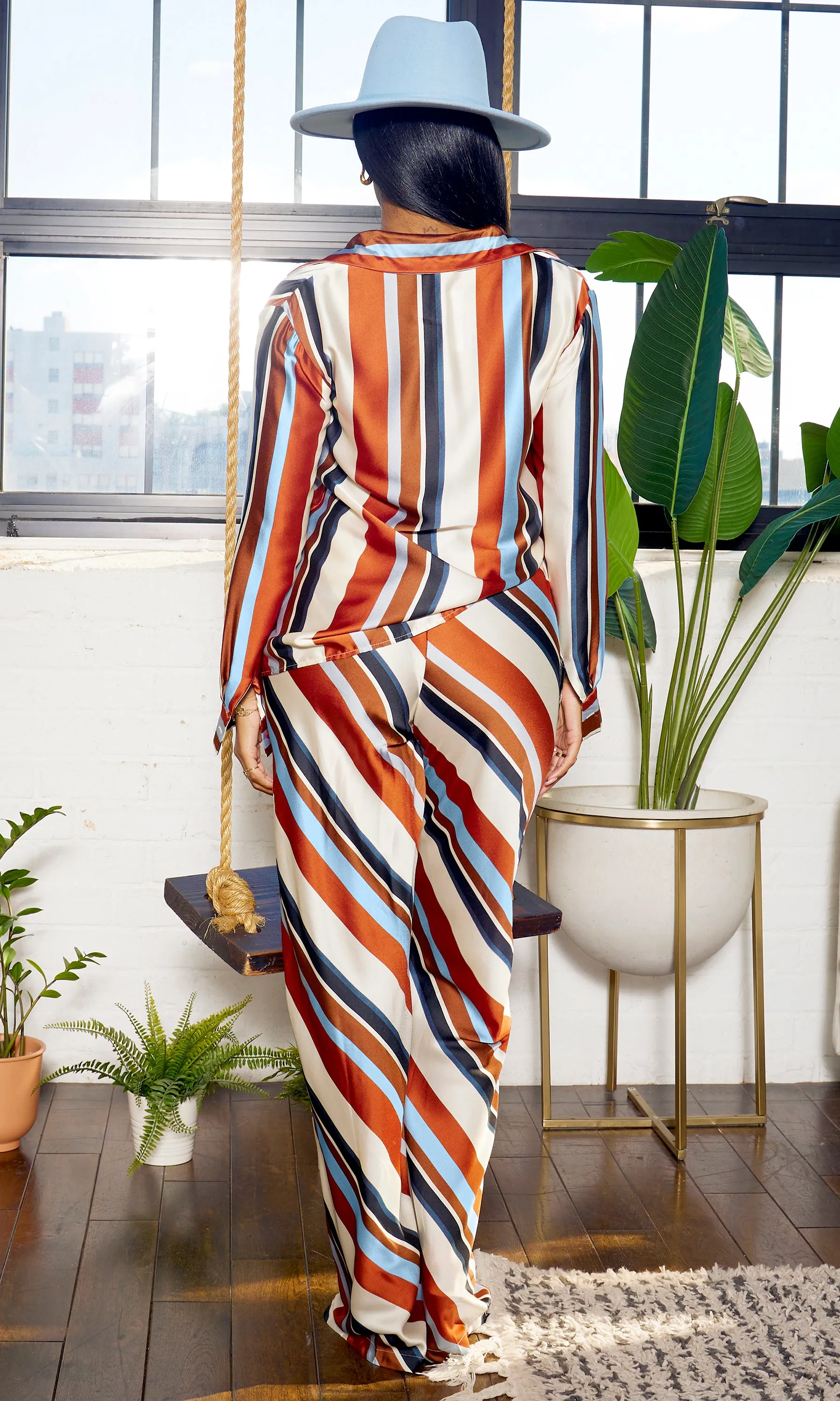 Stripe Satin Pants Set -  Rust