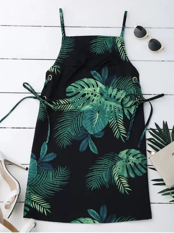 TastyHottie - Trendy Palm Tree Print Lace Up Slip Dress