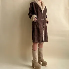 Vintage 90s brown suede   faux fur coat (XL)