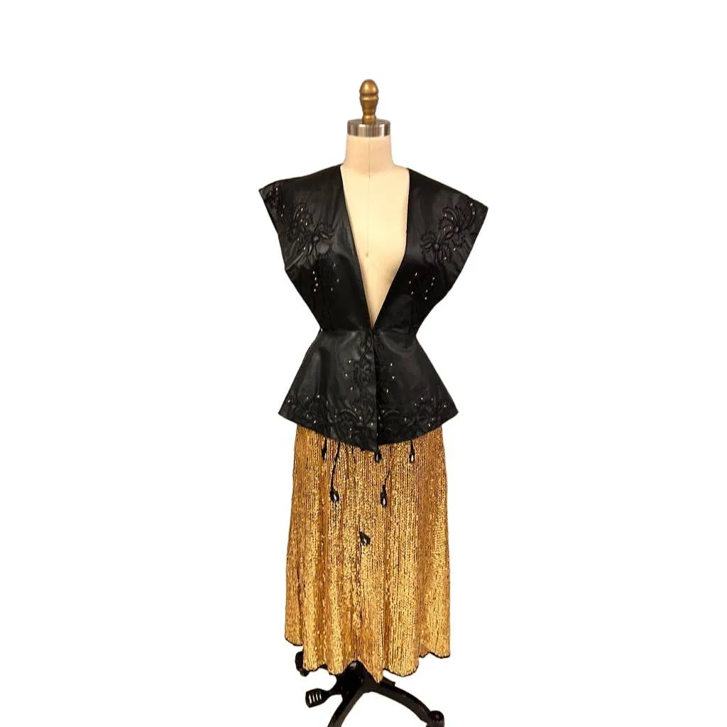 VTG 80s Gold Sequined Skirt Beaded Peacock Feather Design Sz S