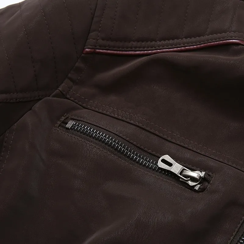 West Louis™ Stand Collar Motorcycle Washed Velour Leather Jacket