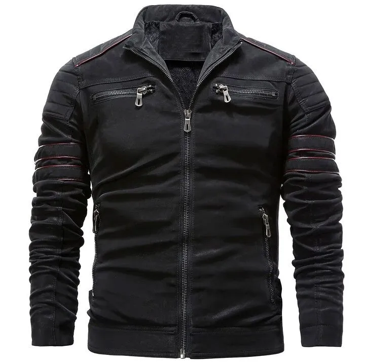 West Louis™ Stand Collar Motorcycle Washed Velour Leather Jacket