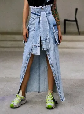 Women Denim Skirt High Waist Lace Up Pocket Irregular Midi Skirts 2020 Fashion Summer