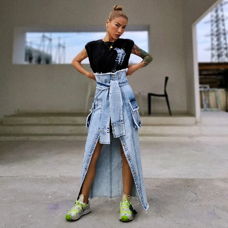 Women Denim Skirt High Waist Lace Up Pocket Irregular Midi Skirts 2020 Fashion Summer