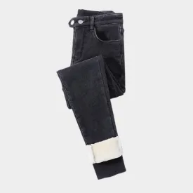 Womens High Waist Skinny Jeans - Winter Thick Velvet Warm Fleece Denim Pants, Stretch Slim Fit, Blue Grey, Black, Vintage Blue, Grey