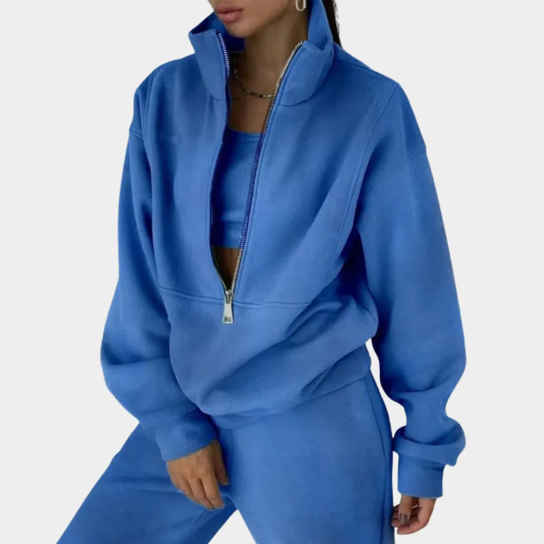 Women's Two-Piece Tracksuit - Fleece Lined - Zip-Up Sweatshirt & High-Waist Pants - Multiple Colours