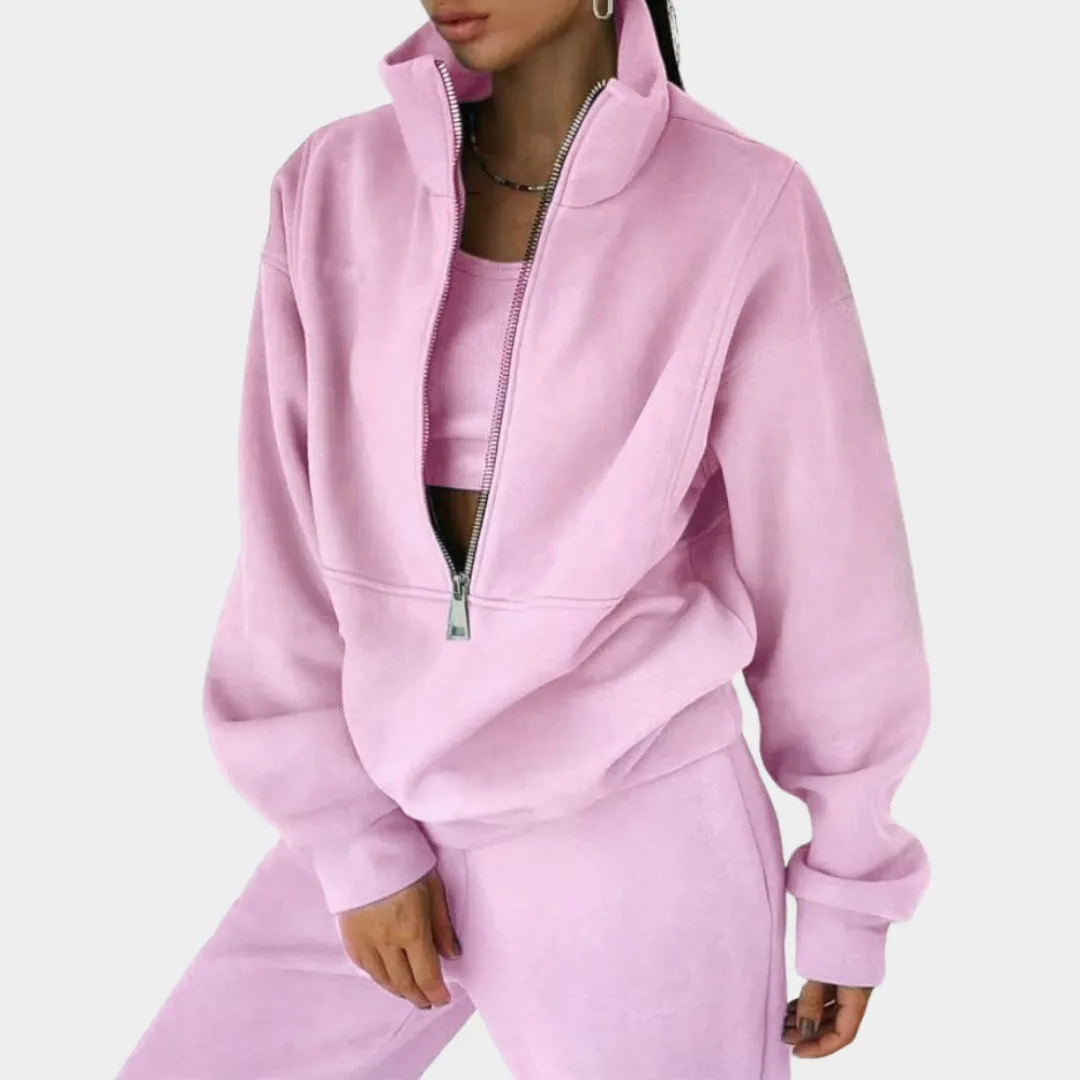 Women's Two-Piece Tracksuit - Fleece Lined - Zip-Up Sweatshirt & High-Waist Pants - Multiple Colours