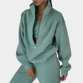 Women's Two-Piece Tracksuit - Fleece Lined - Zip-Up Sweatshirt & High-Waist Pants - Multiple Colours