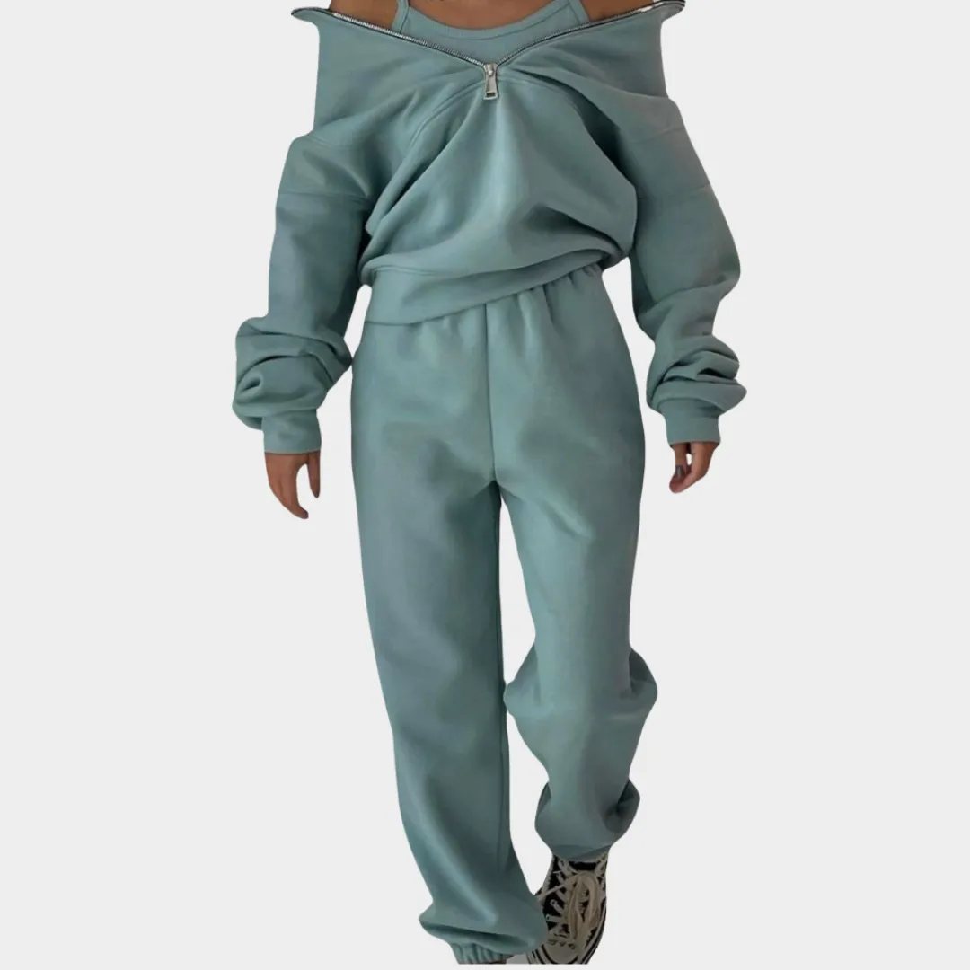 Women's Two-Piece Tracksuit - Fleece Lined - Zip-Up Sweatshirt & High-Waist Pants - Multiple Colours