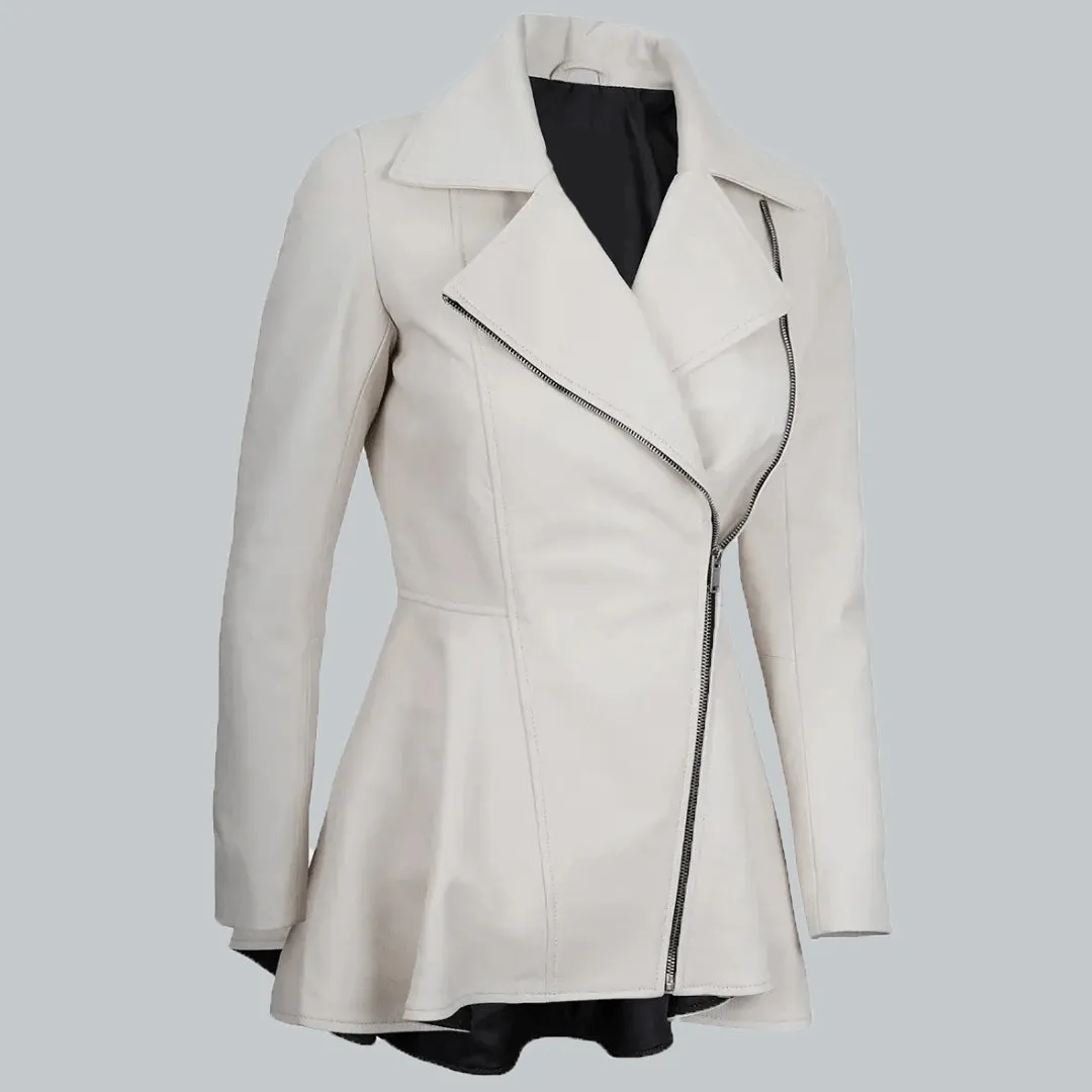 Womens White Leather Peplum Jacket