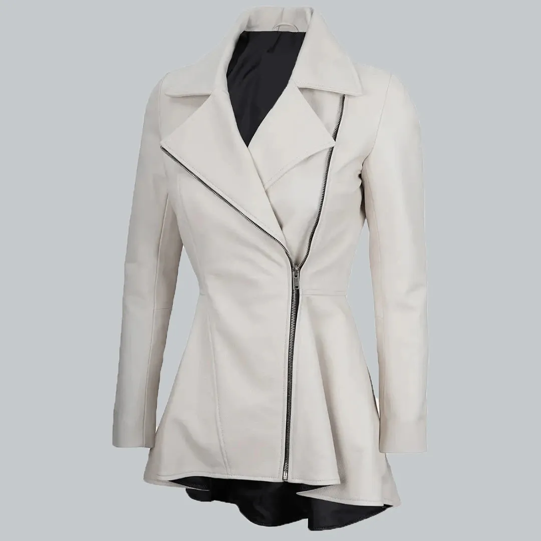 Womens White Leather Peplum Jacket