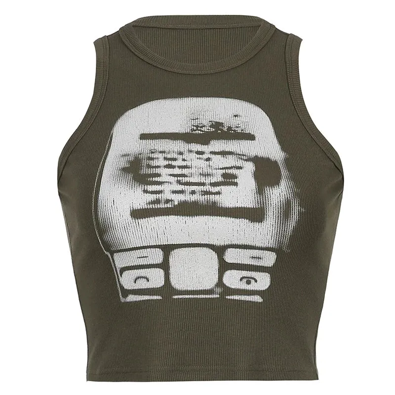 Y2K Printed Cropped Tank – Retro & Edgy Clubwear