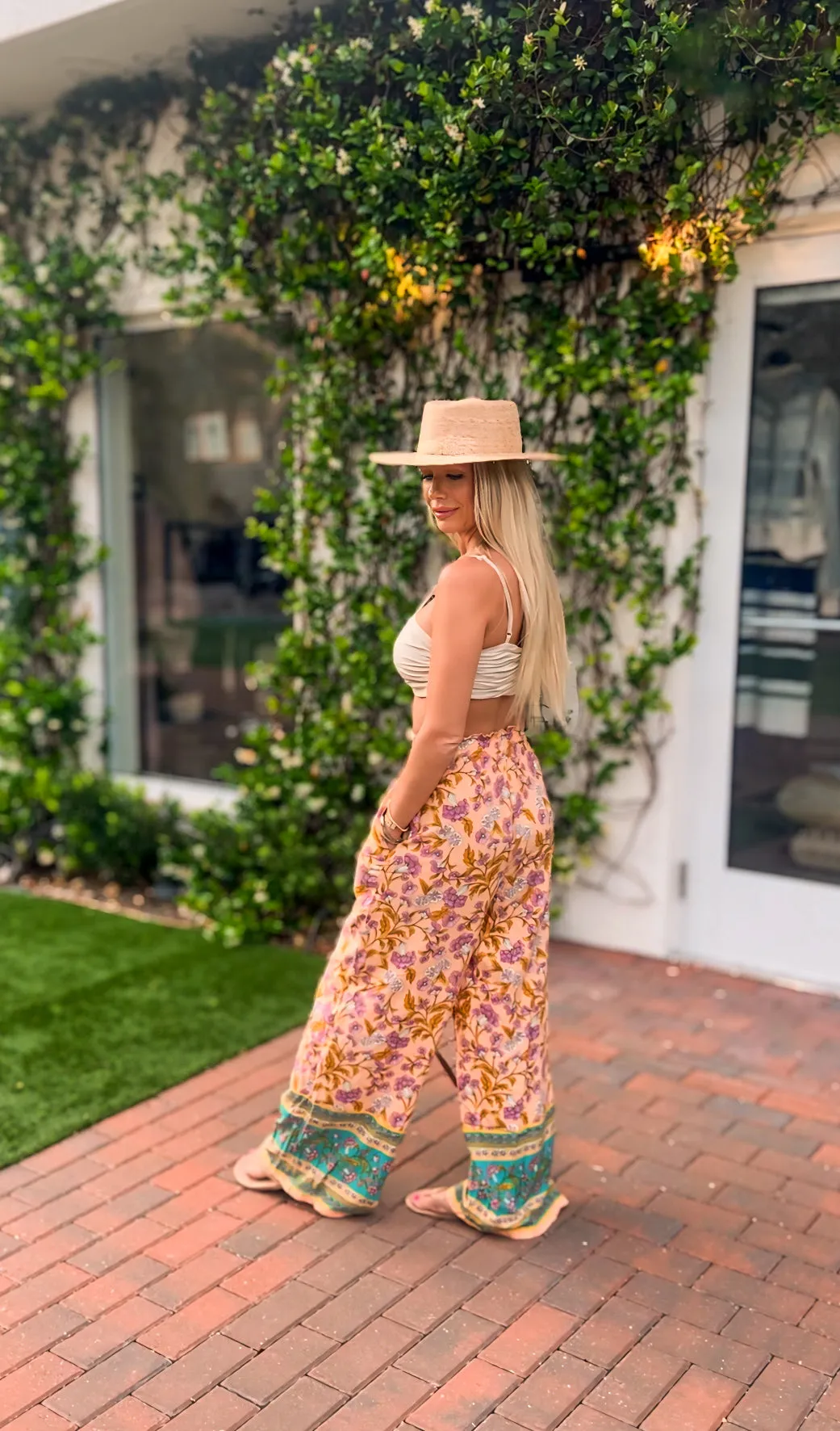 Yellow flirty, flowy, and floral pants