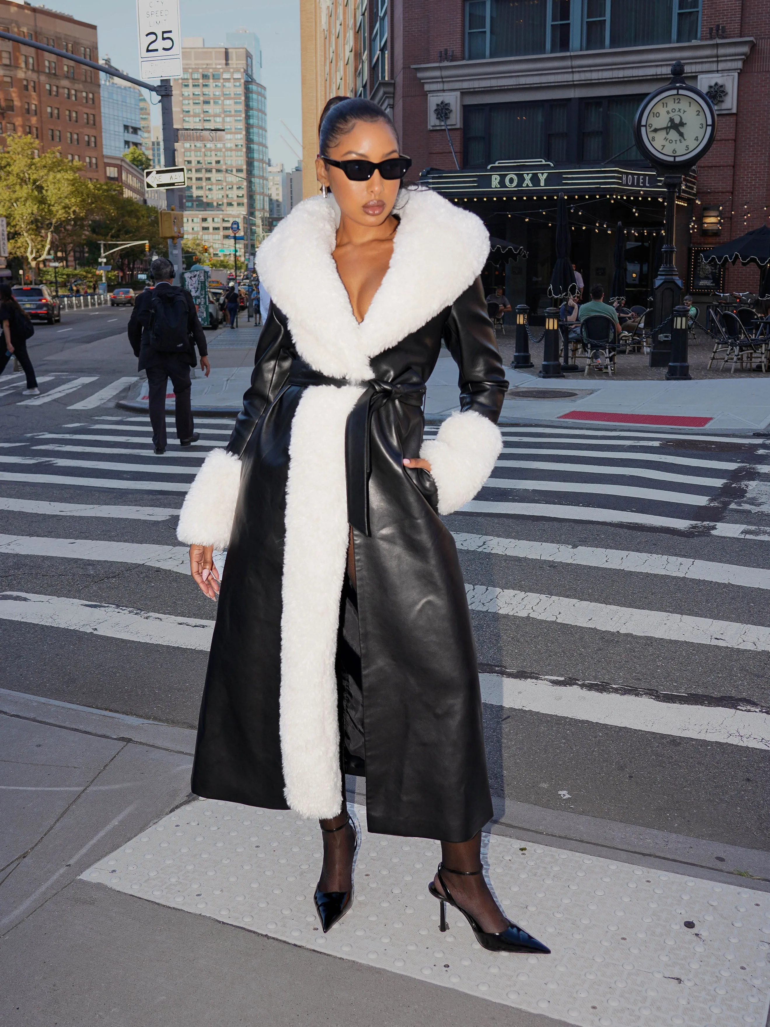 Zaida White Faux Fur Graceful Trim Black Vegan Leather Coat