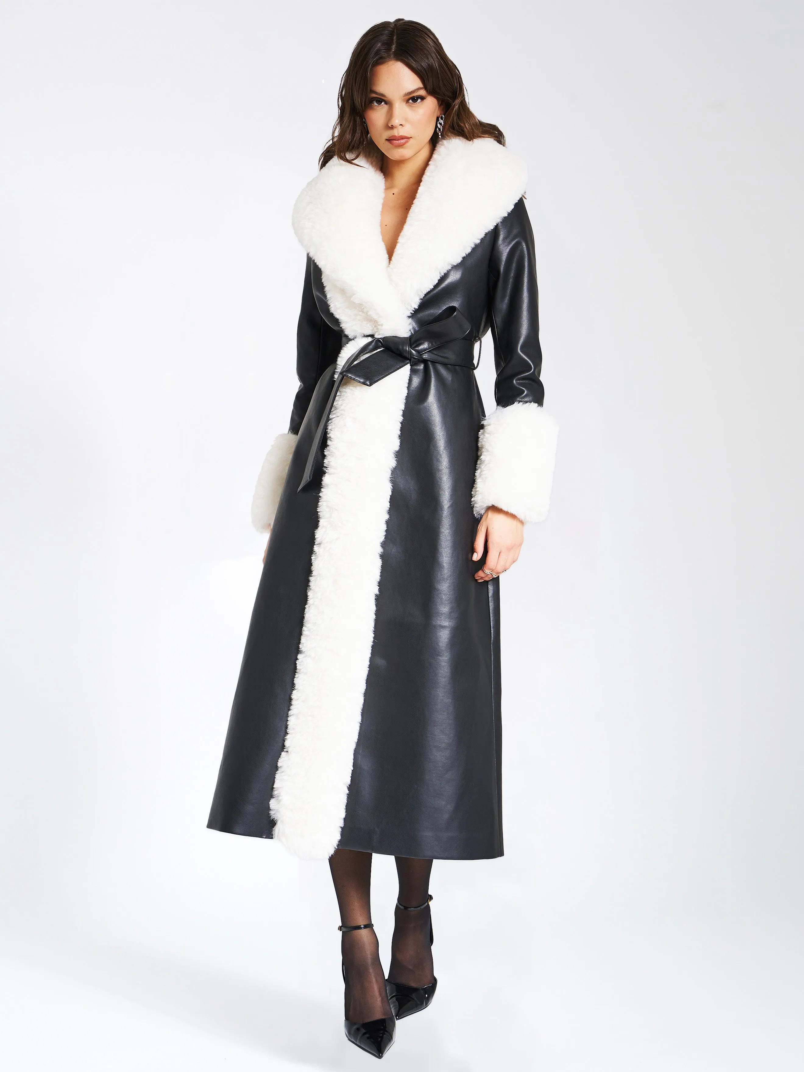 Zaida White Faux Fur Graceful Trim Black Vegan Leather Coat