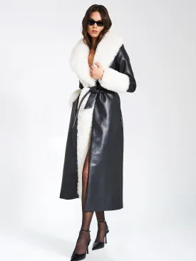 Zaida White Faux Fur Graceful Trim Black Vegan Leather Coat