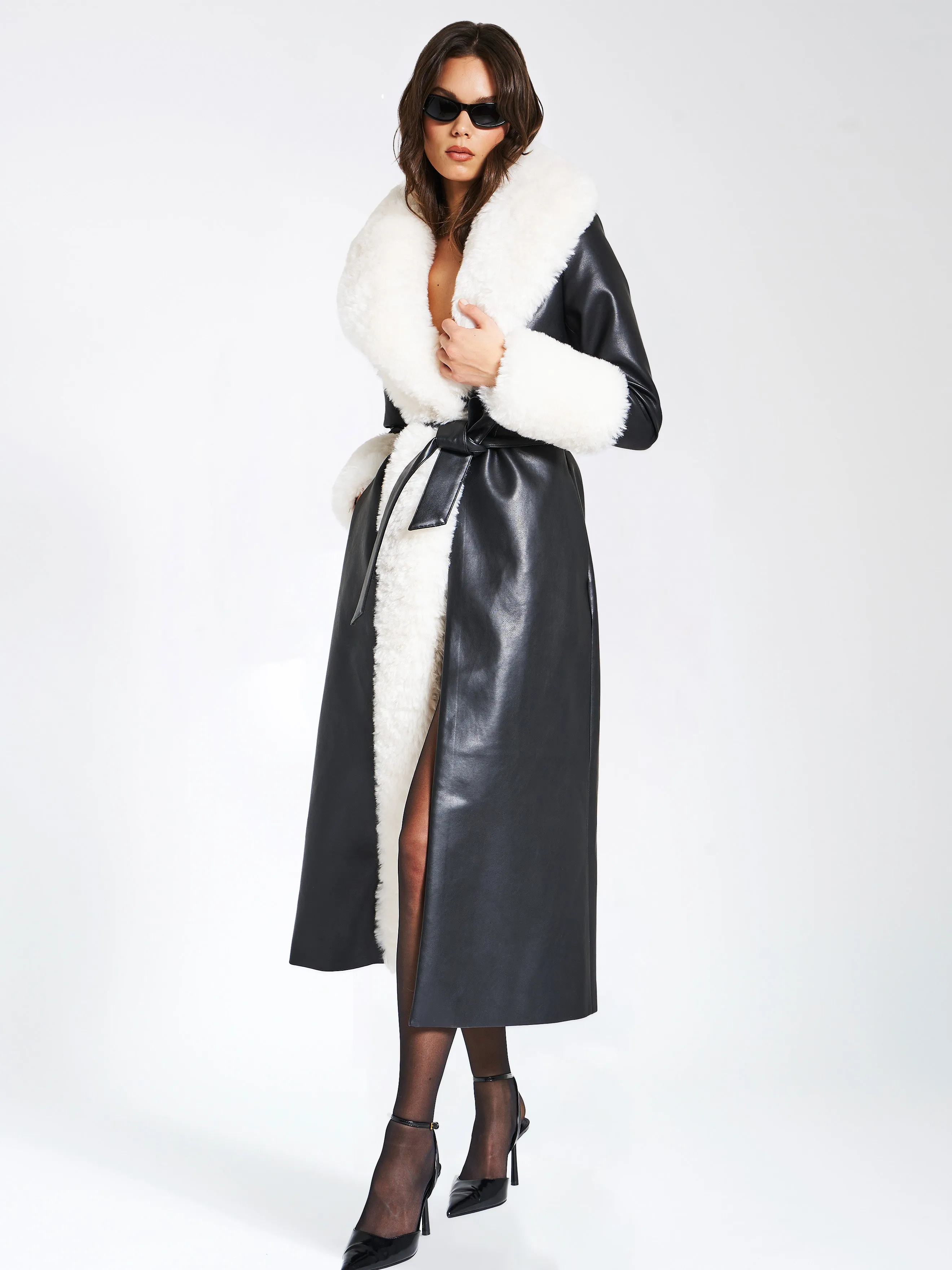 Zaida White Faux Fur Graceful Trim Black Vegan Leather Coat