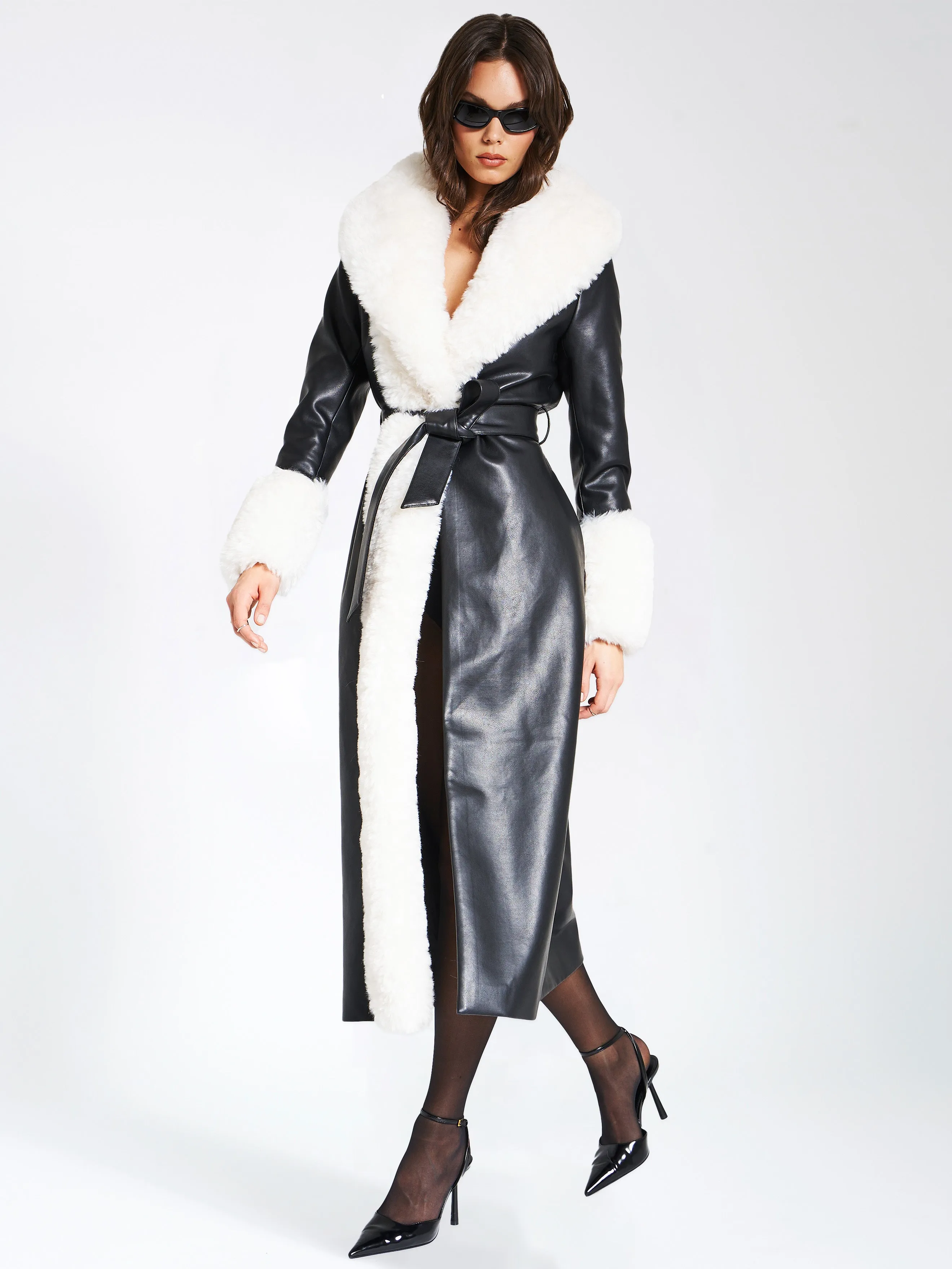 Zaida White Faux Fur Graceful Trim Black Vegan Leather Coat