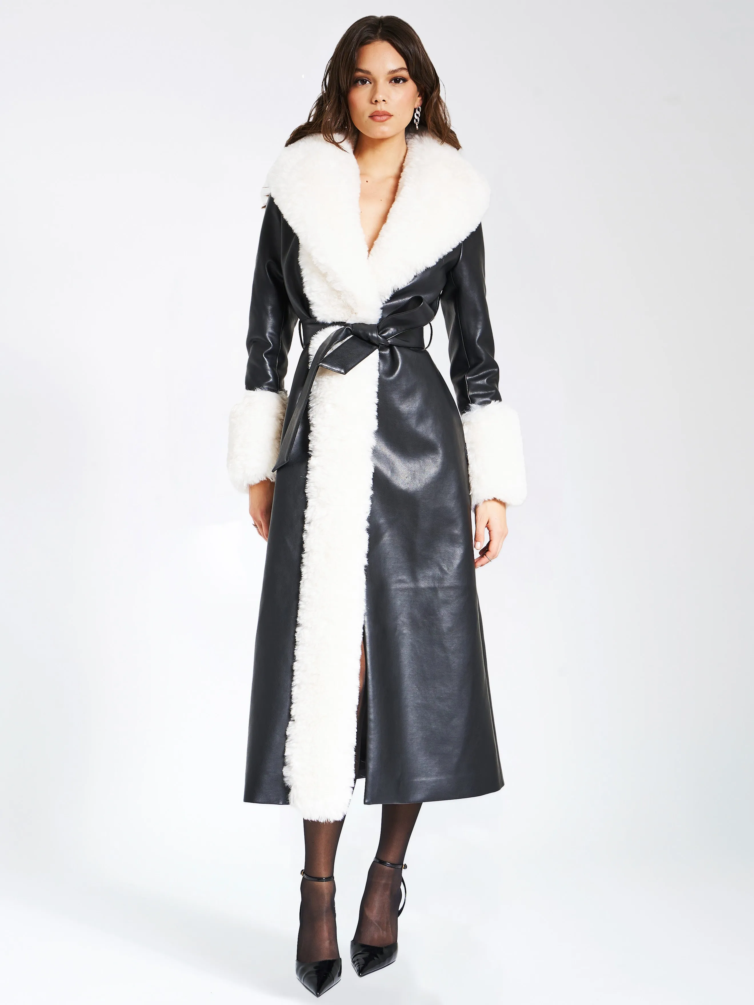 Zaida White Faux Fur Graceful Trim Black Vegan Leather Coat