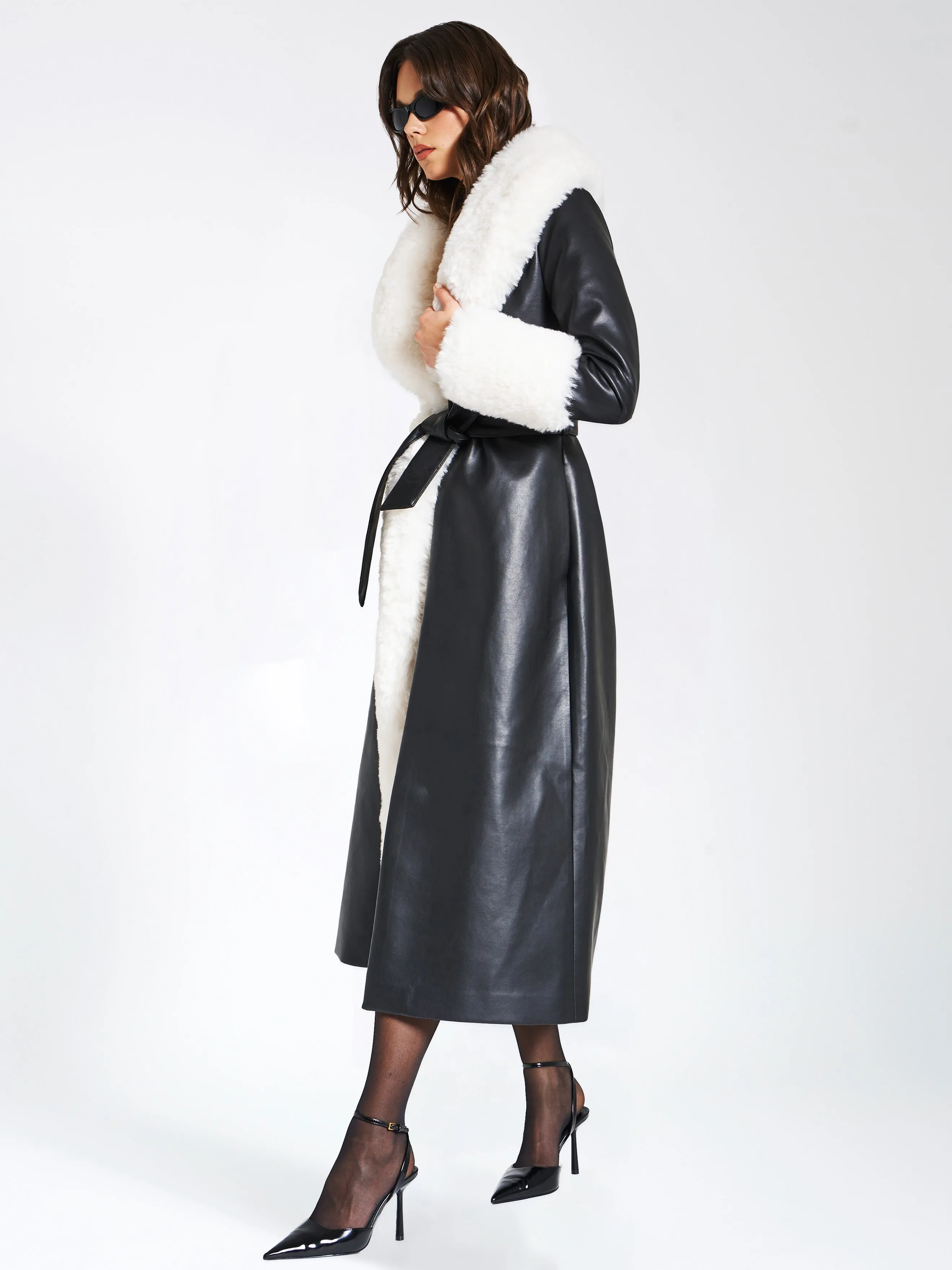 Zaida White Faux Fur Graceful Trim Black Vegan Leather Coat