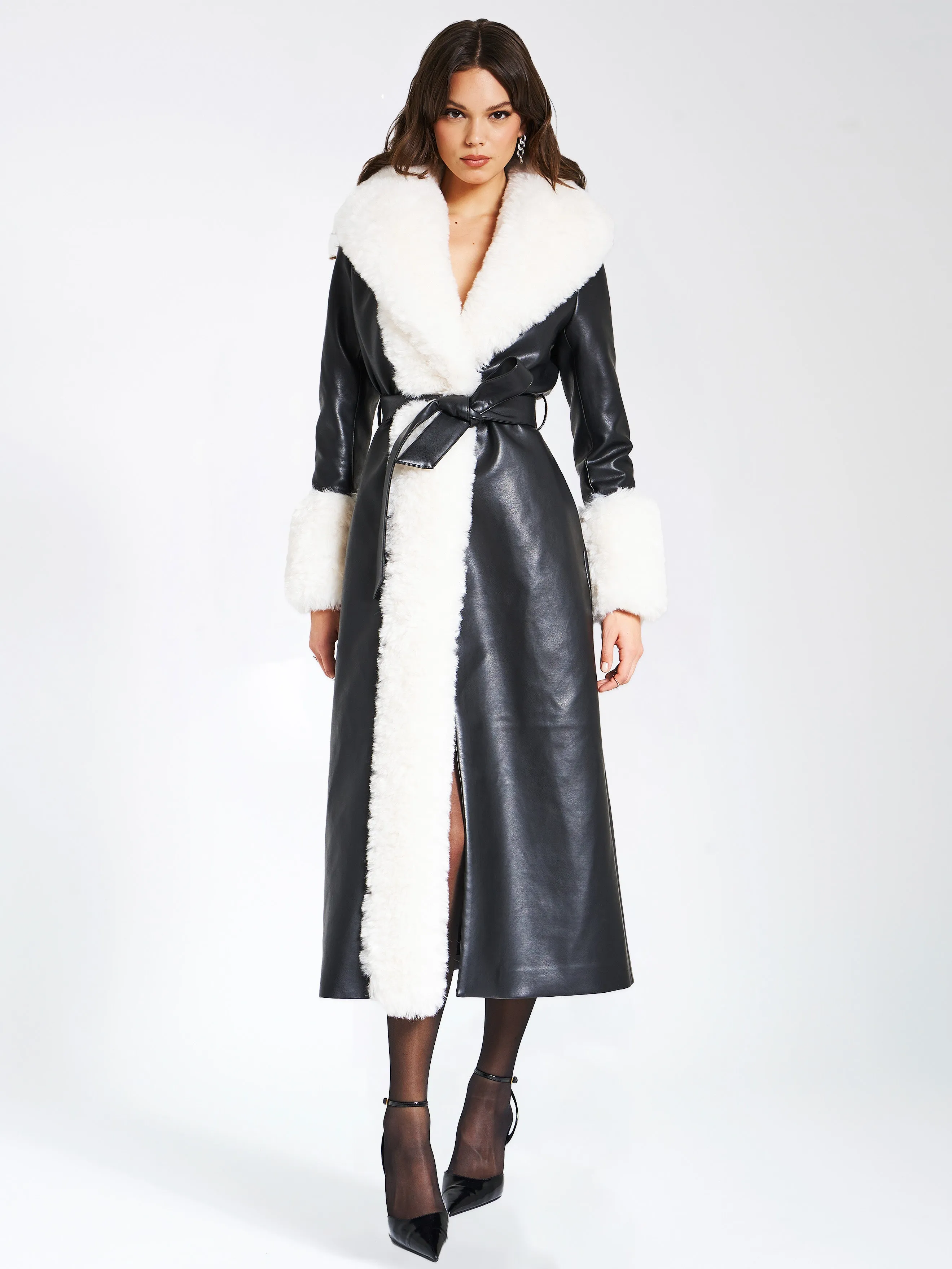 Zaida White Faux Fur Graceful Trim Black Vegan Leather Coat