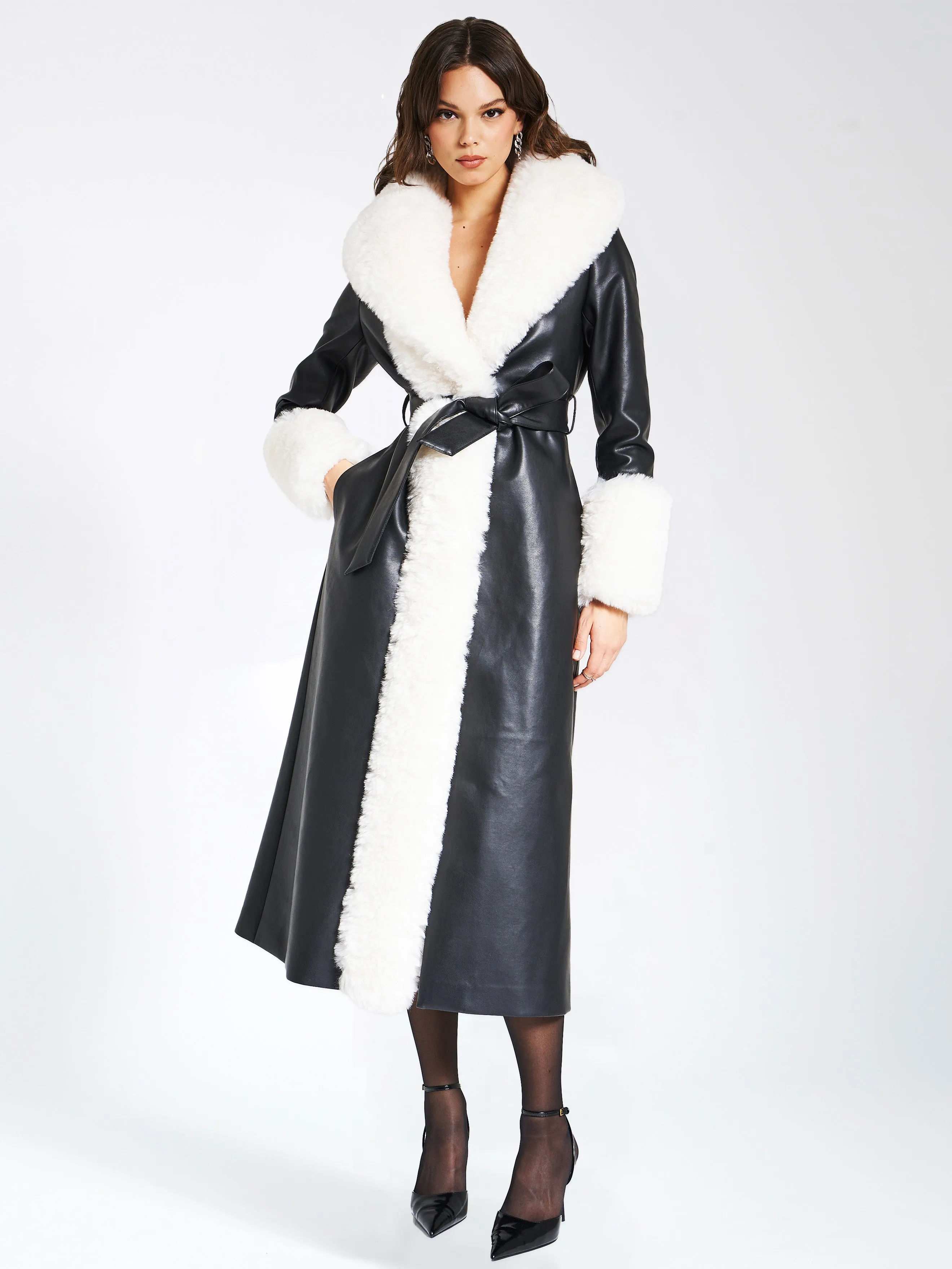 Zaida White Faux Fur Graceful Trim Black Vegan Leather Coat