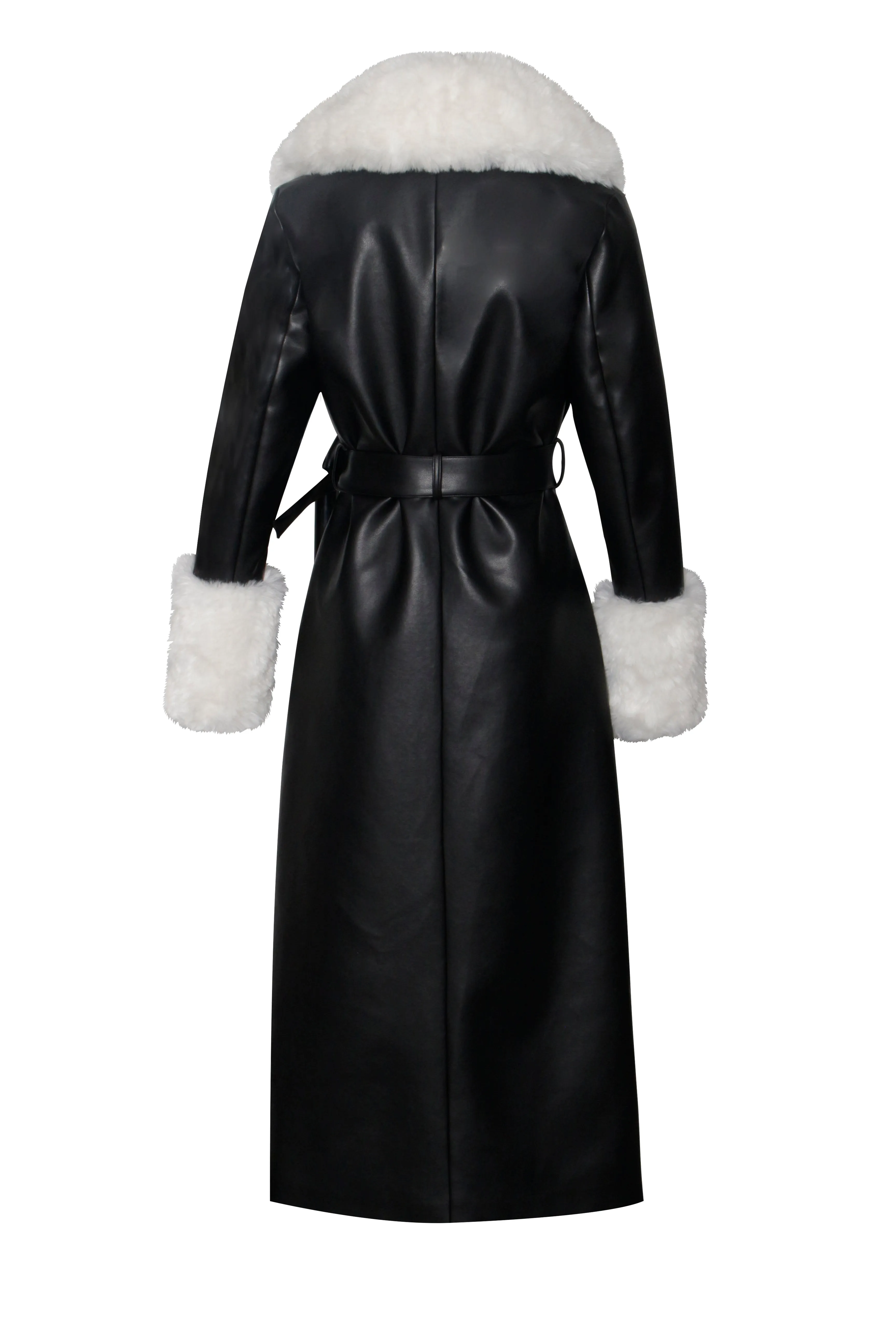 Zaida White Faux Fur Graceful Trim Black Vegan Leather Coat