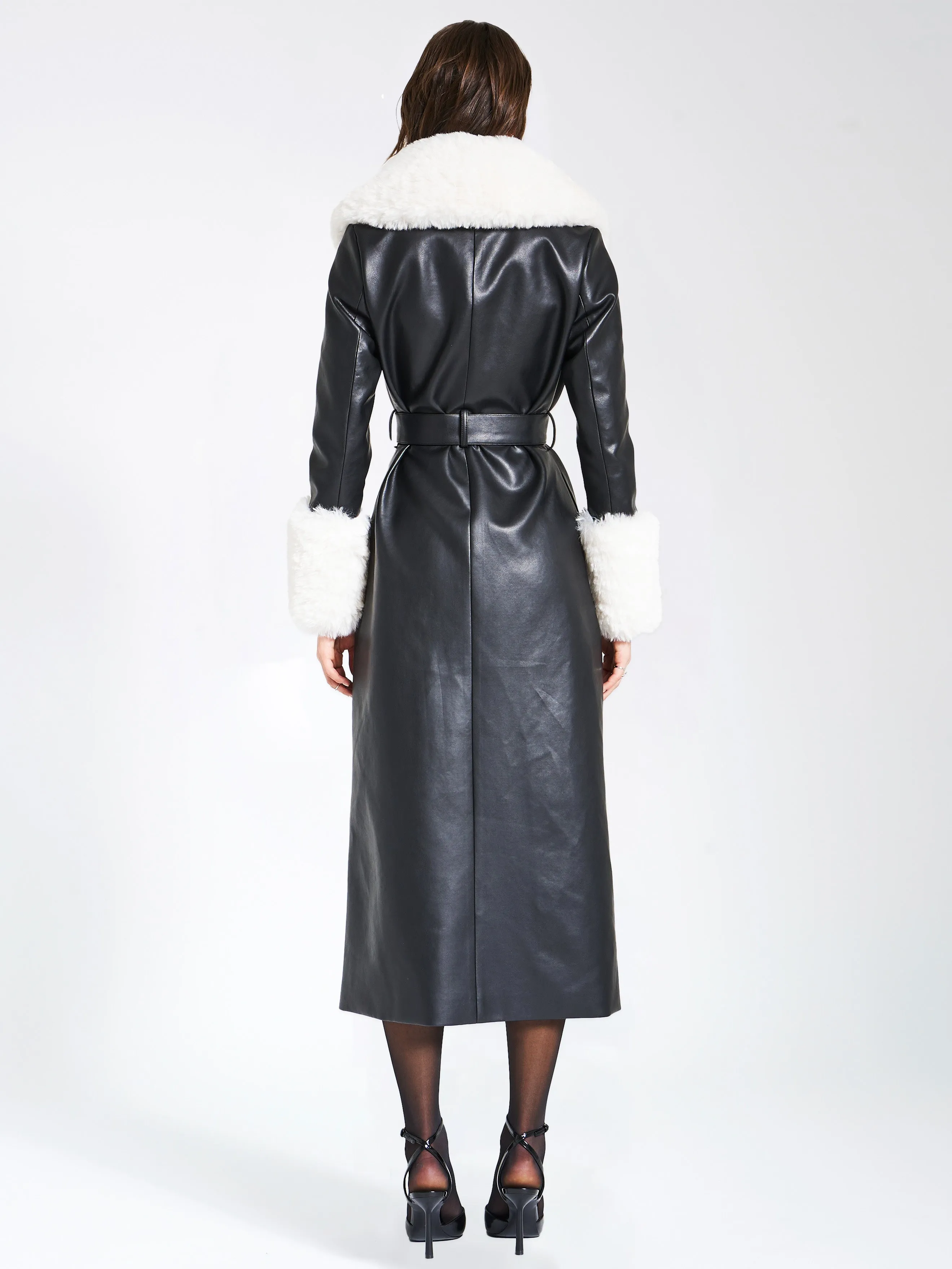 Zaida White Faux Fur Graceful Trim Black Vegan Leather Coat