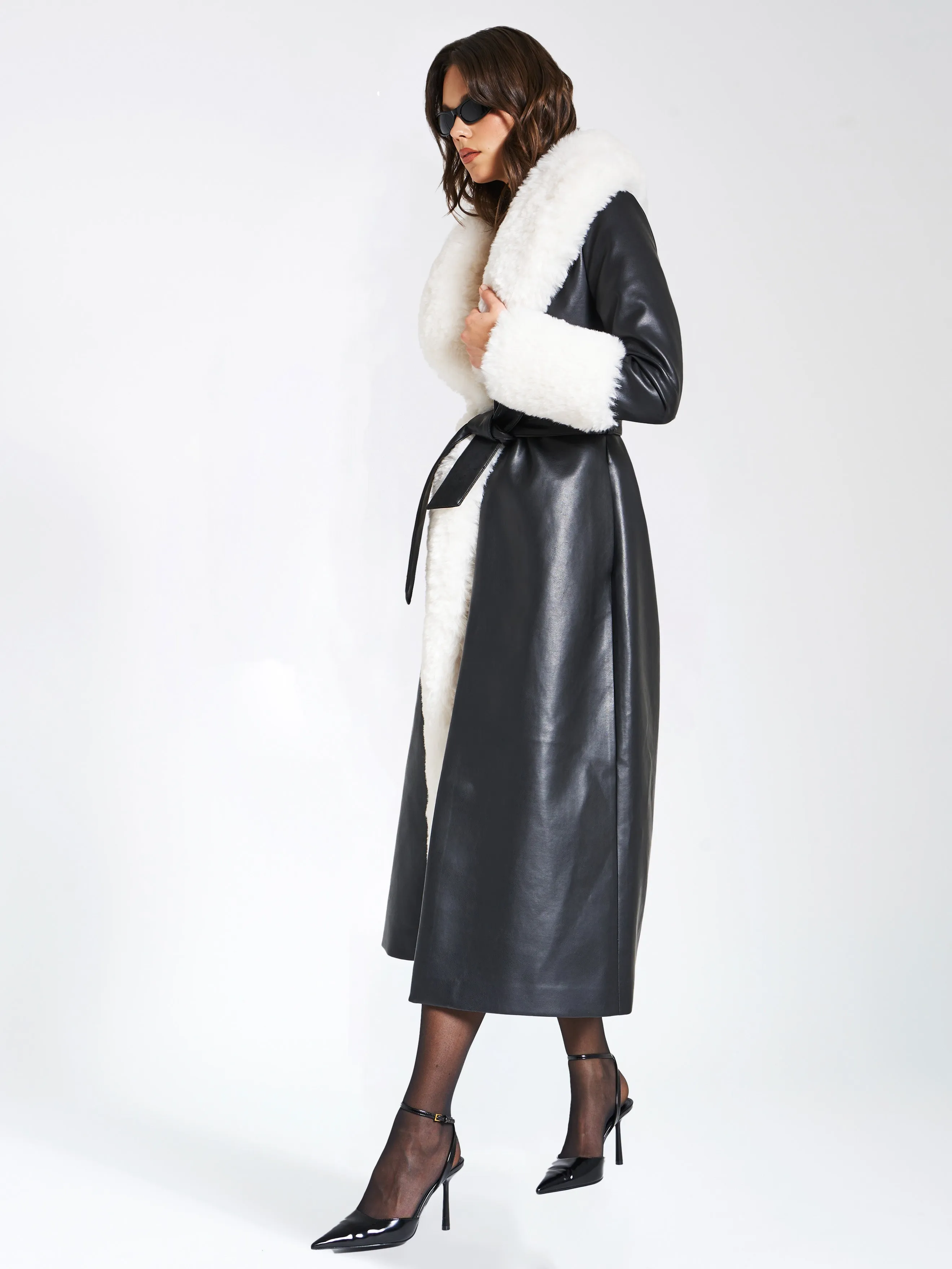 Zaida White Faux Fur Graceful Trim Black Vegan Leather Coat