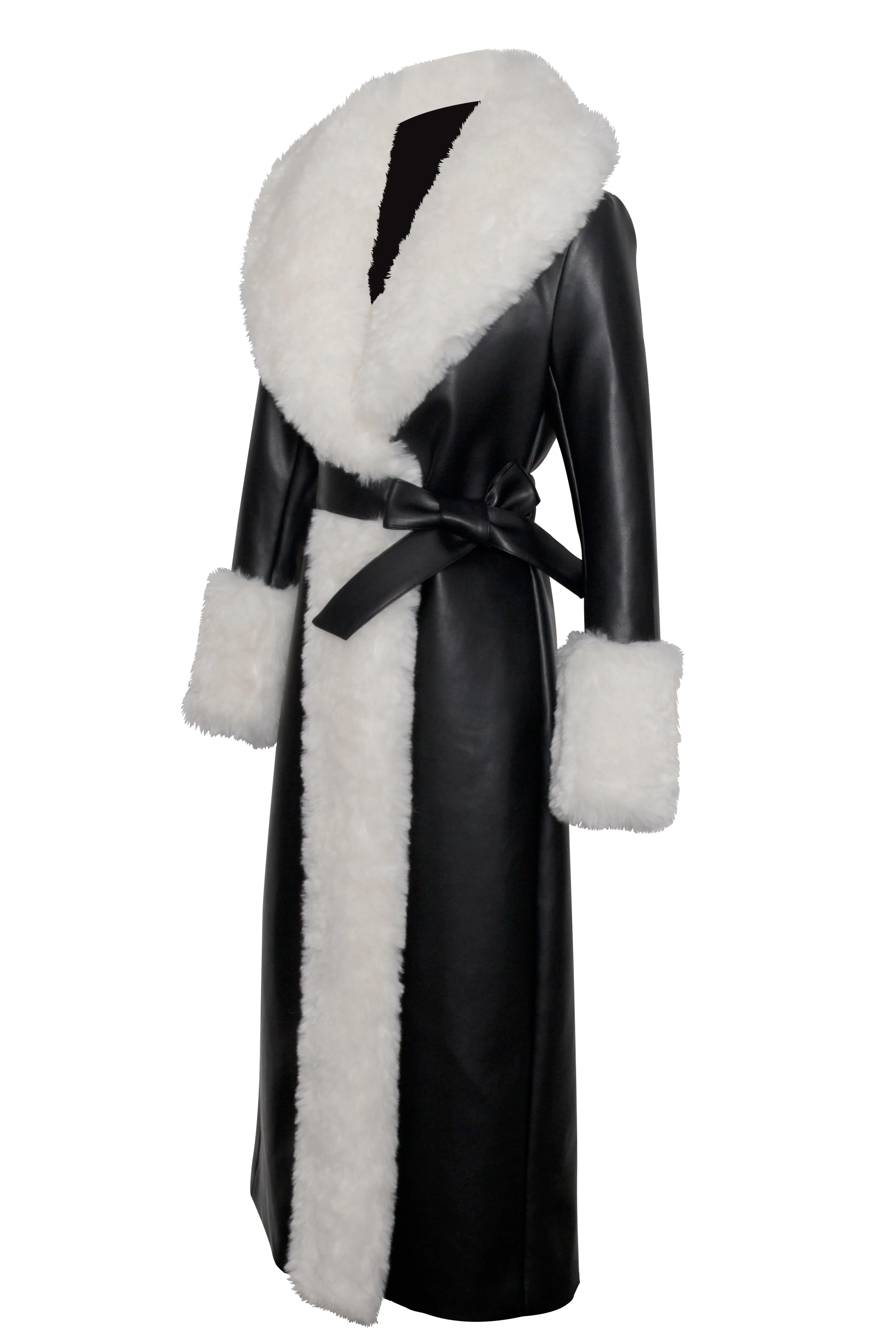 Zaida White Faux Fur Graceful Trim Black Vegan Leather Coat