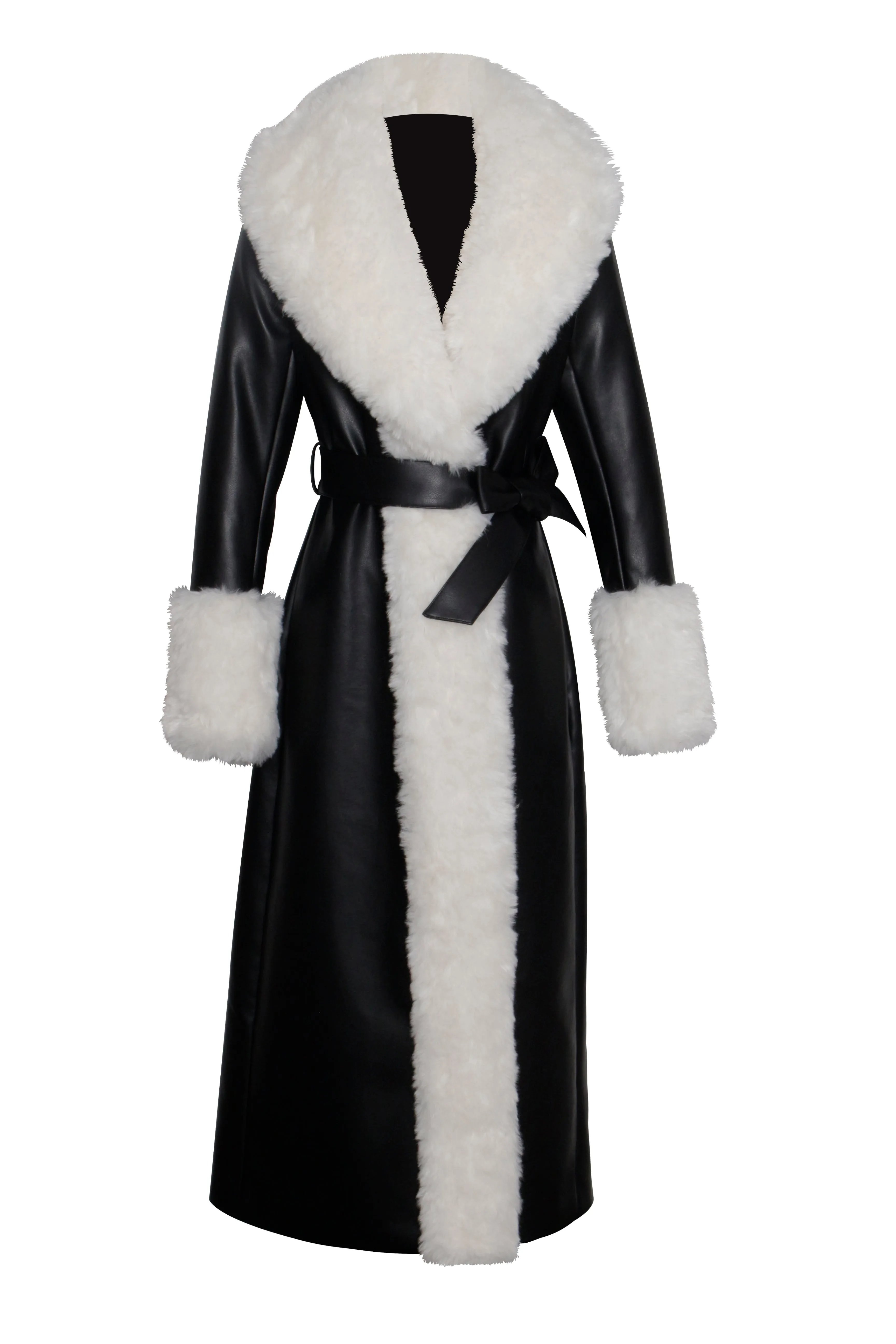 Zaida White Faux Fur Graceful Trim Black Vegan Leather Coat