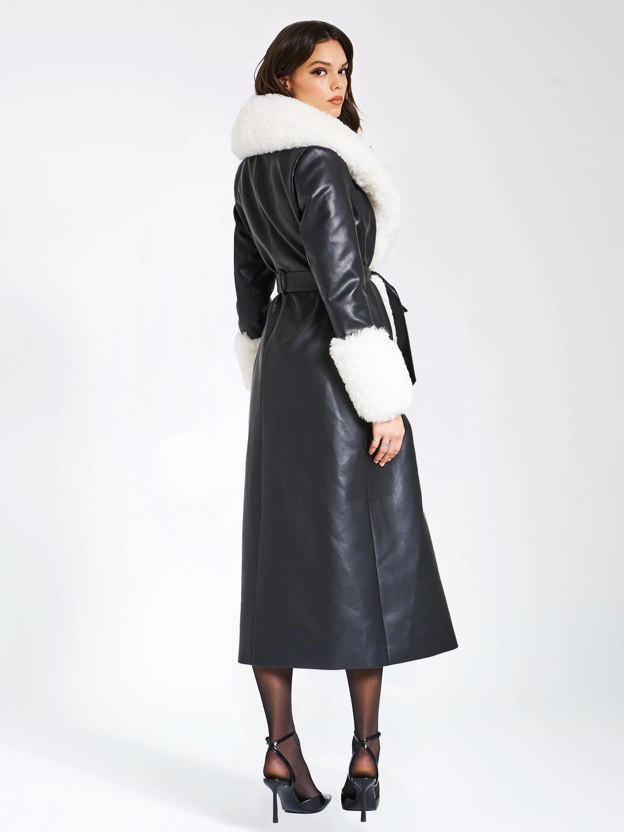 Zaida White Faux Fur Graceful Trim Black Vegan Leather Coat