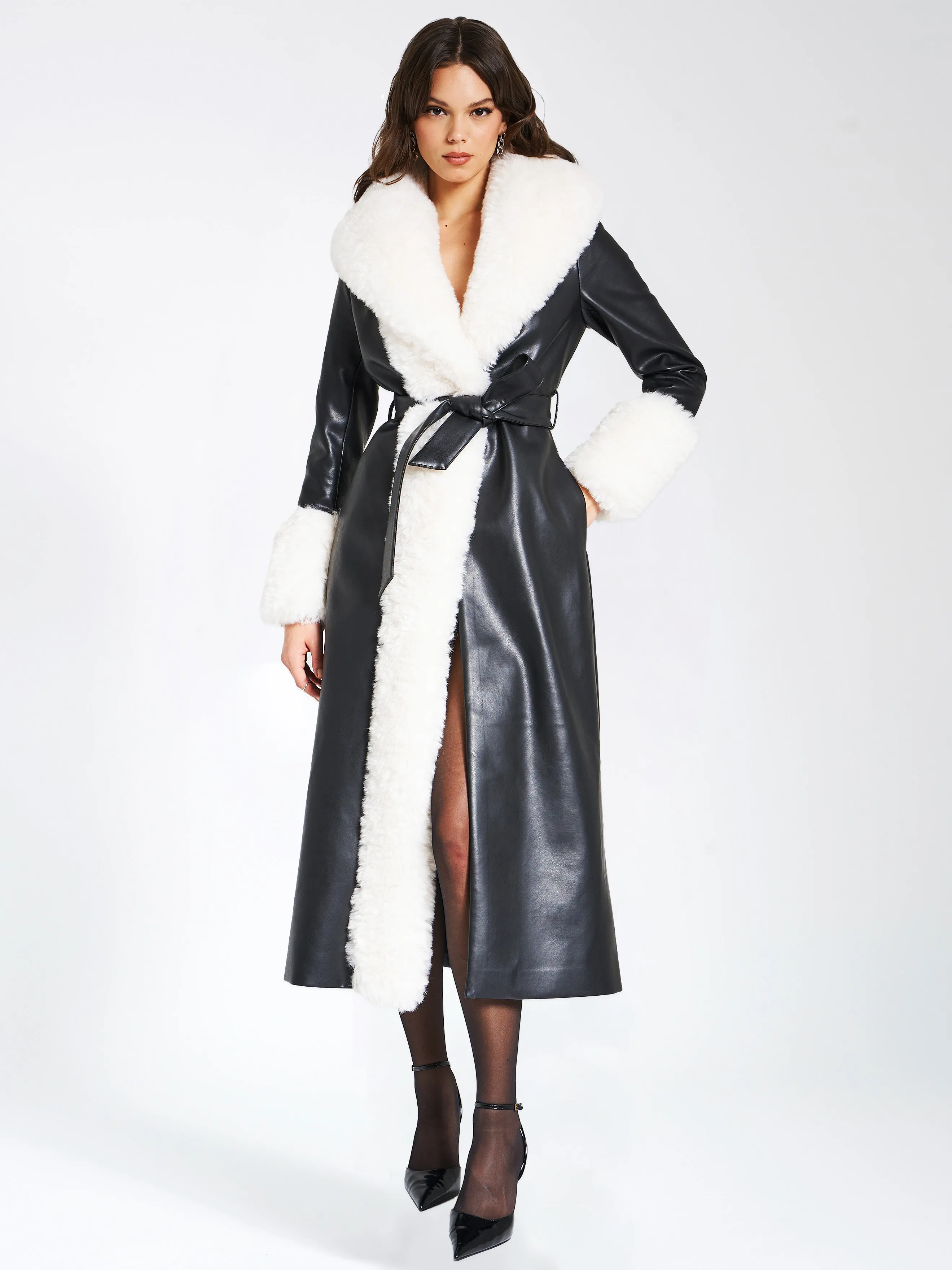 Zaida White Faux Fur Graceful Trim Black Vegan Leather Coat