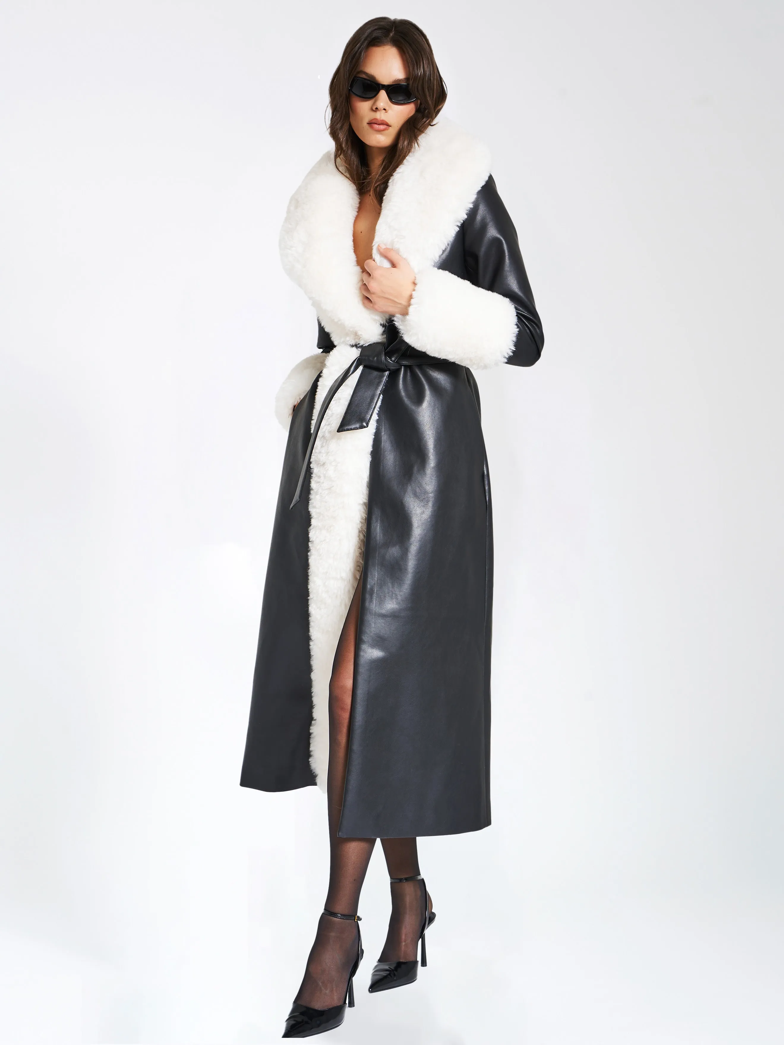 Zaida White Faux Fur Graceful Trim Black Vegan Leather Coat