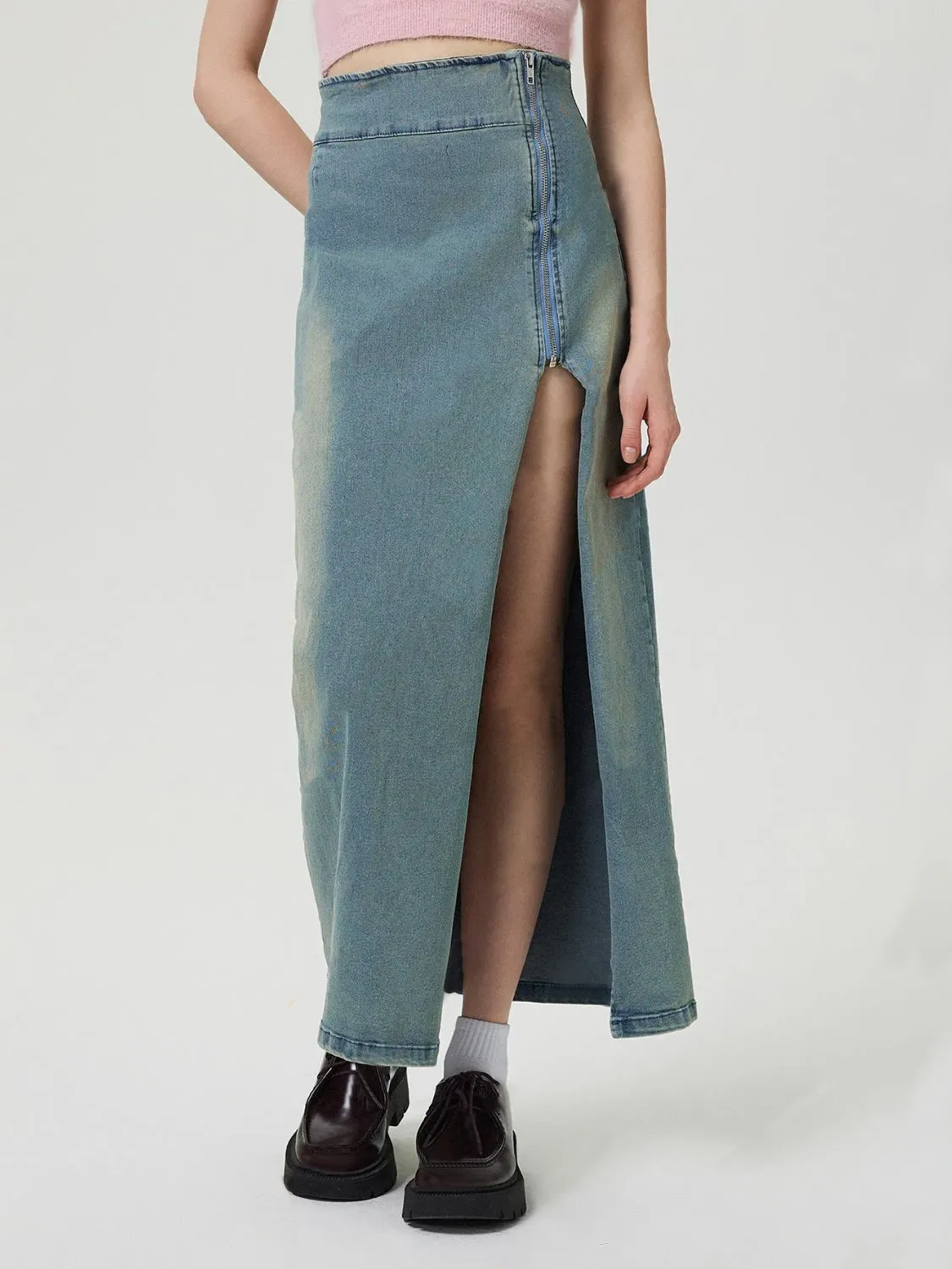 Zipper High-Rise Asymmetrical Cutout Slit Bent Seam Denim Retro Jean Midi Skirt